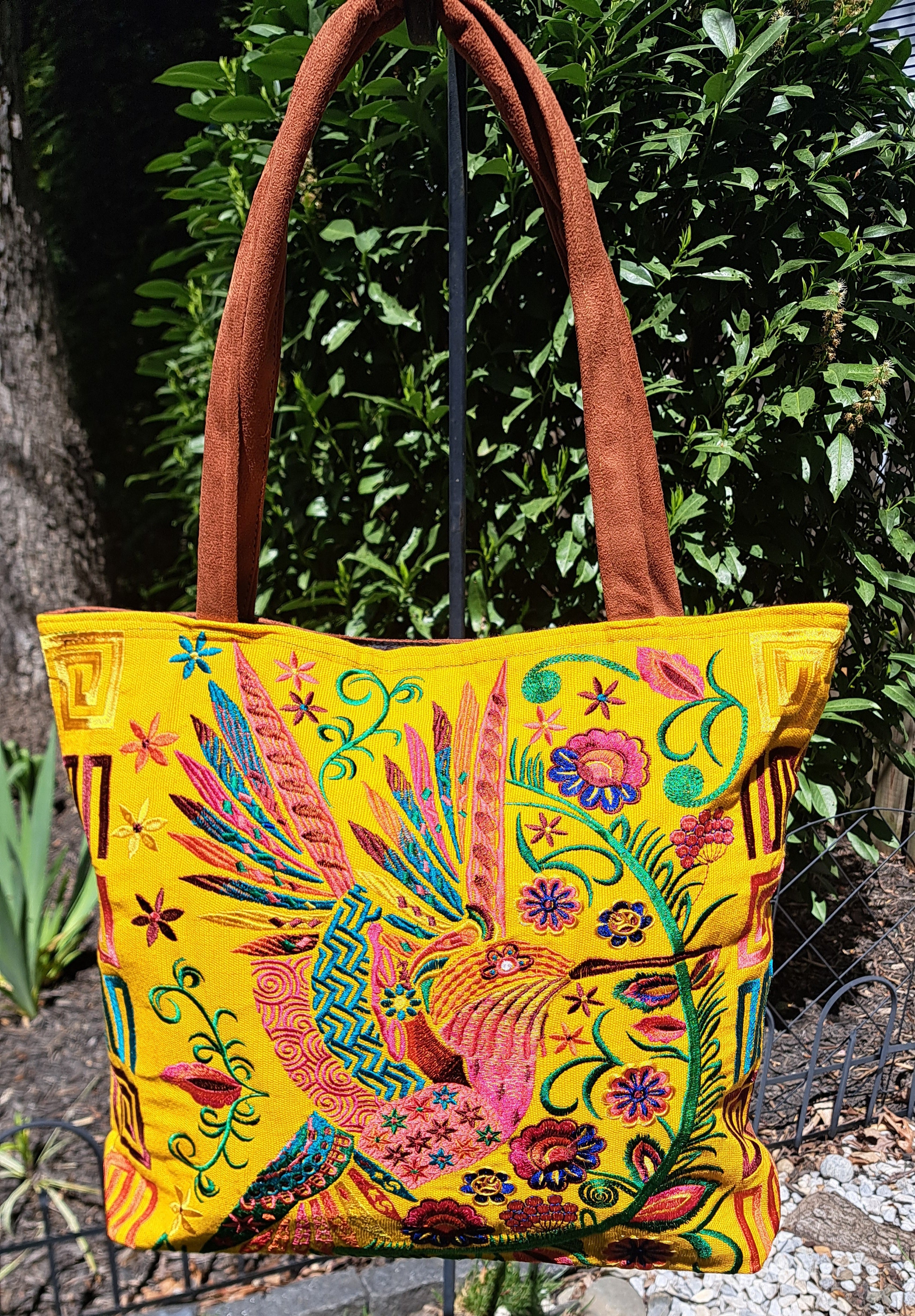 Embroidered Floral Hummingbird Large Suede Purse Tote Bag, Yellow Color