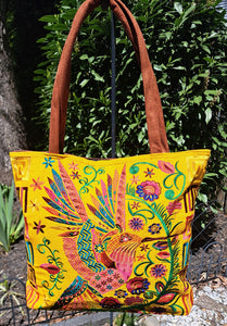 Embroidered Floral Hummingbird Large Suede Purse Tote Bag, Yellow Color