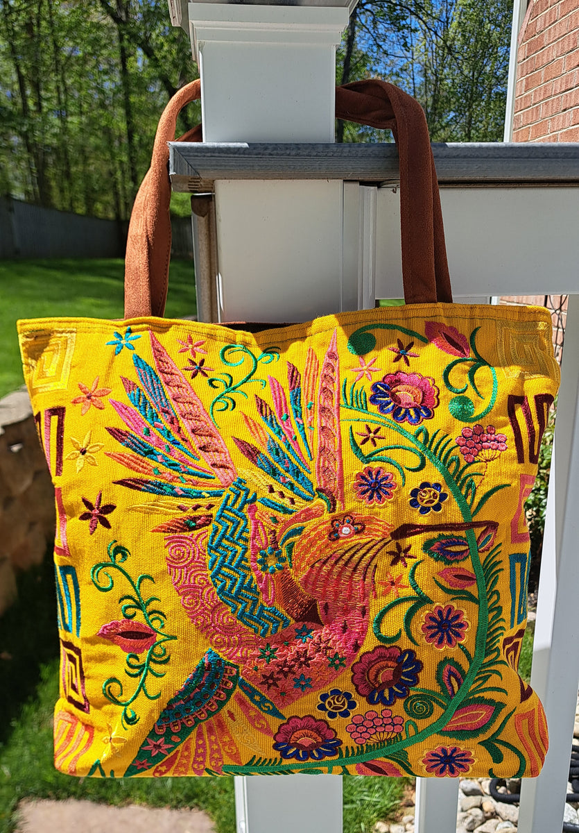 Embroidered Floral Hummingbird Large Suede Purse Tote Bag, Yellow Colo