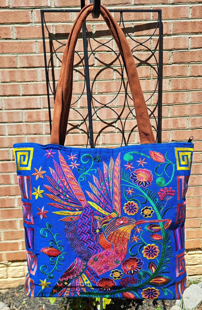 Embroidered Floral Hummingbird Large Suede Purse Tote Bag, Yellow Colo