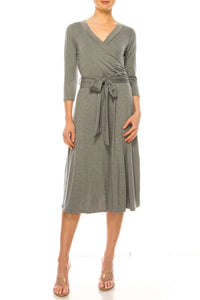 Women's Solid Grey Wrap Dress with V-Neckline, Waist Tie Detail