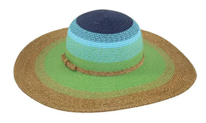 Green/ Navy/ Tan, Large Brim Hat.Paper braid 5" flat brim.