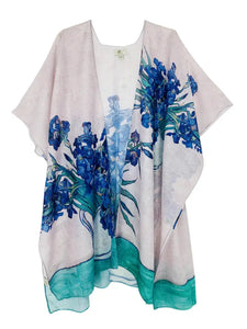 Beige - Blue Irises Print Kimono