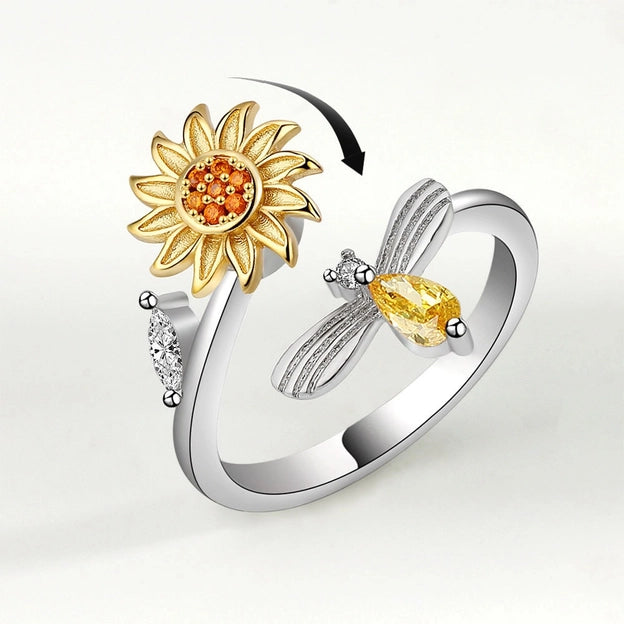 Stunning Women's Ring ,Sunflower Anxiety Fidget Spinner Ring in 925 Sterling Silver, Adjustable Fit