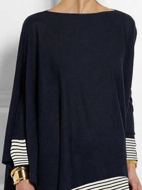 Women's Top, Batwing Sleeves Long Sleeves Split-Joint Striped Round-Neck