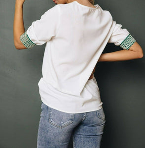 Women's White Top With Green Embroidery African Inspired Embroidery