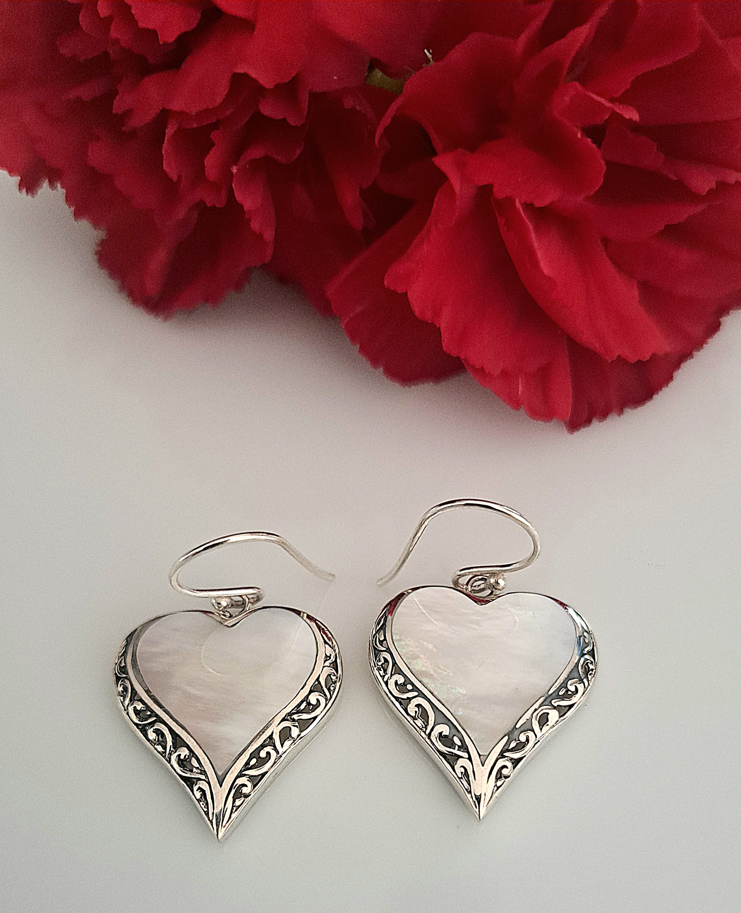 Sterling Silver Heart Shaped Earrings with Mother of Pearl