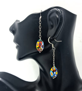 Dangle Style Chain Earrings with Hand Painted Glass Beads