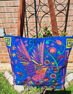 Embroidered Floral Hummingbird Large Suede Purse Tote Bag, Yellow Color, Royal Blue Color