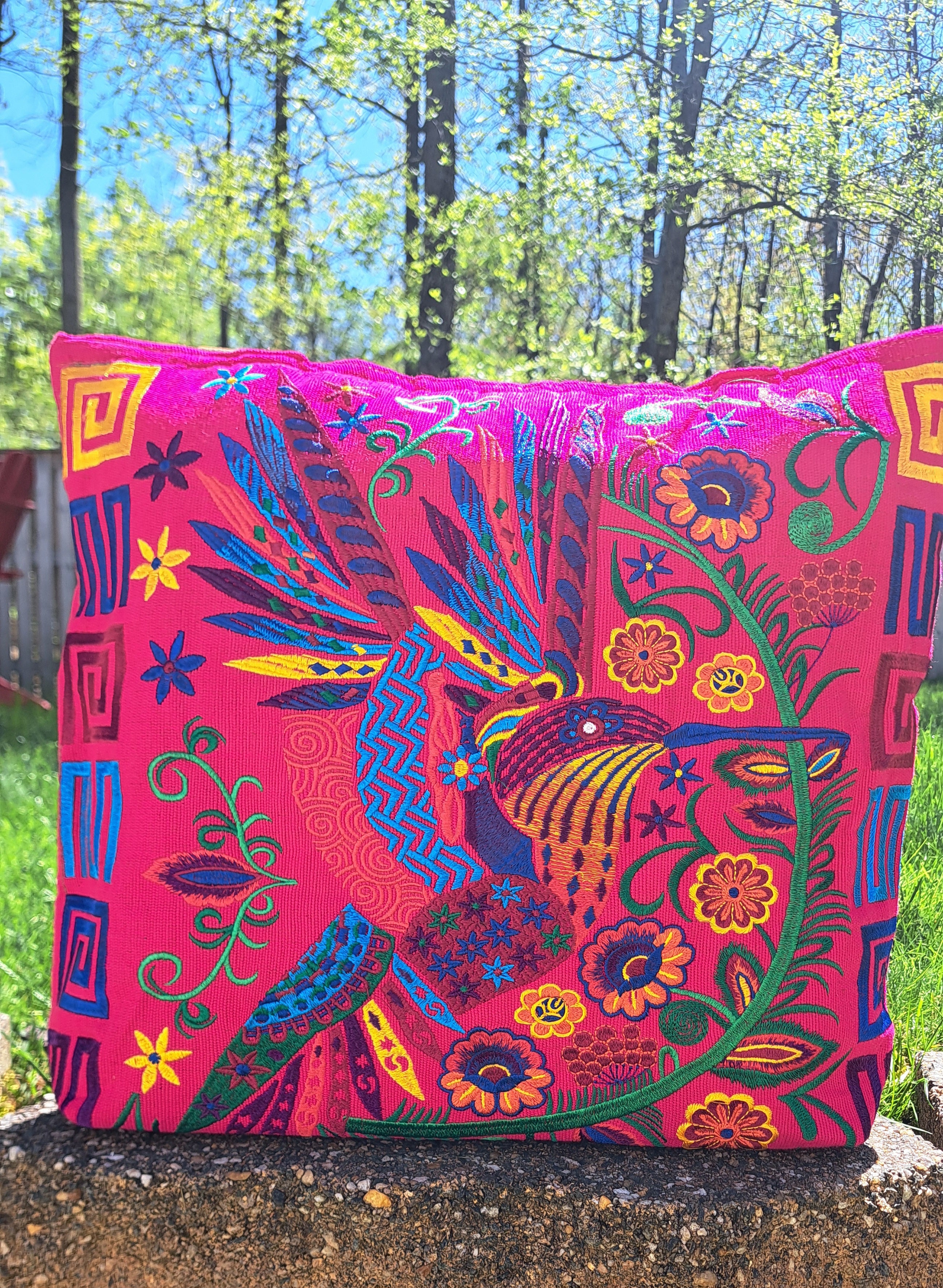 Embroidered Floral Hummingbird Large Suede Purse Tote Bag, Fuscia Color