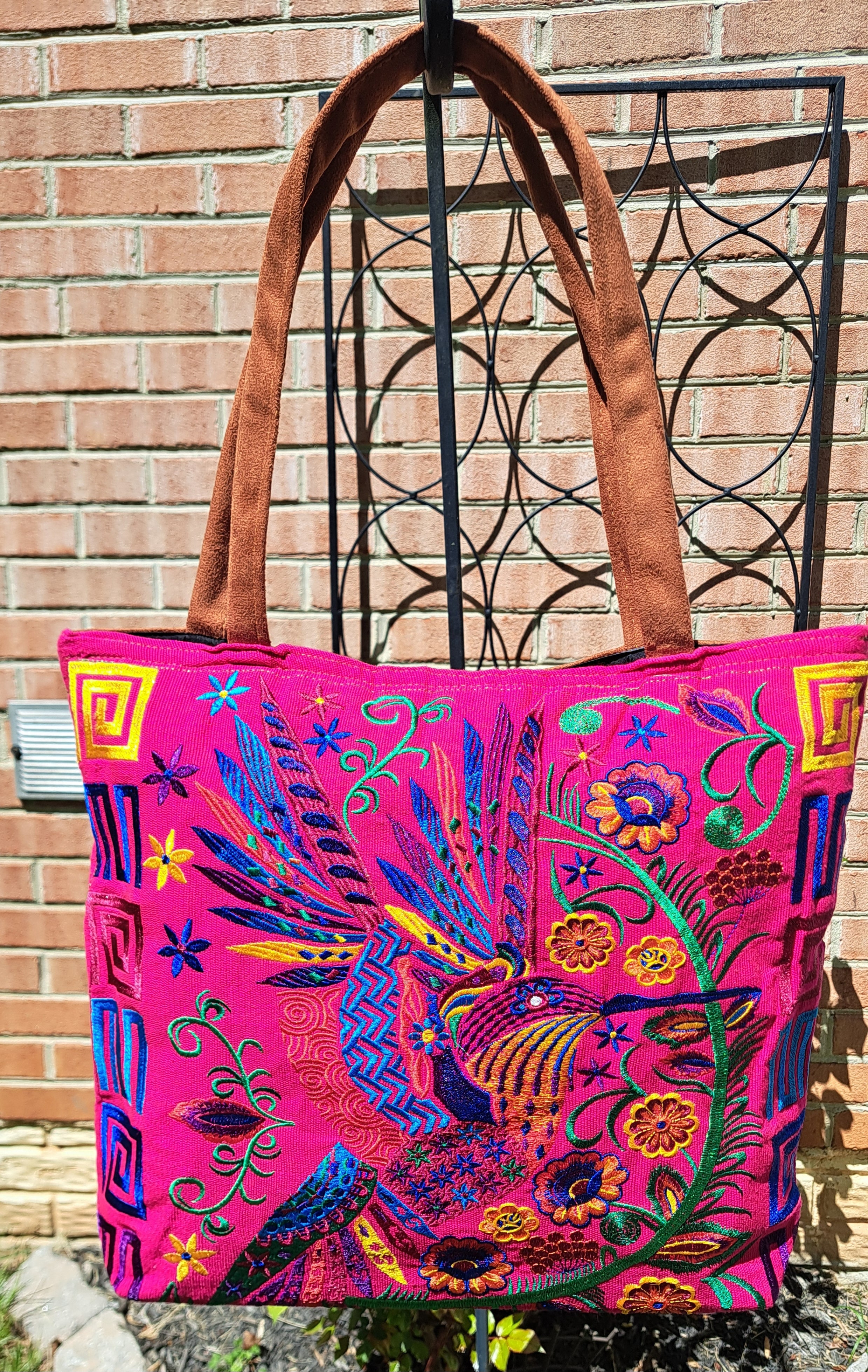 Embroidered Floral Hummingbird Large Suede Purse Tote Bag, Fuscia Color