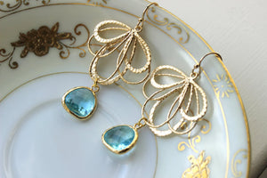Aquamarine Earrings Gold Feather