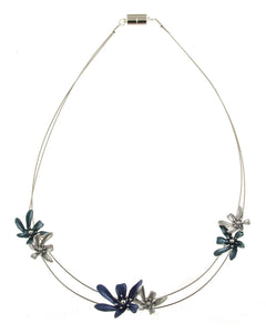 Magnetic Closure Necklace with Silver & Blue Floating Flowers