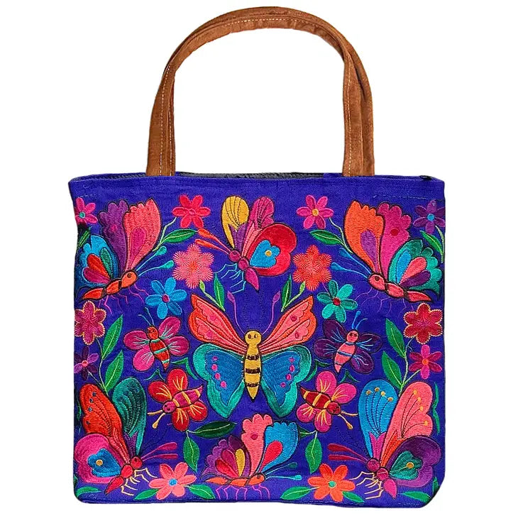 Embroidered Floral Butterfly Large Suede Tote Bag