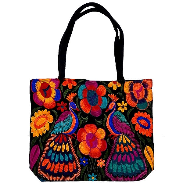 Unique, Stylish, Embroidered Floral Peacock Large Tote Bag