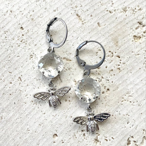 Sterling Silver Bee Earrings with Clear Crystal