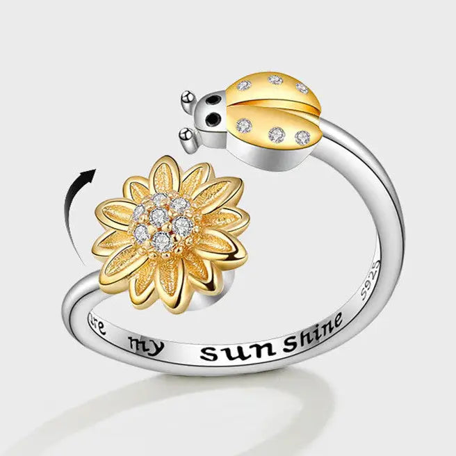 Sunflower with Lady Bug Anxiety Fidget Spinner Ring in Sterling Silver