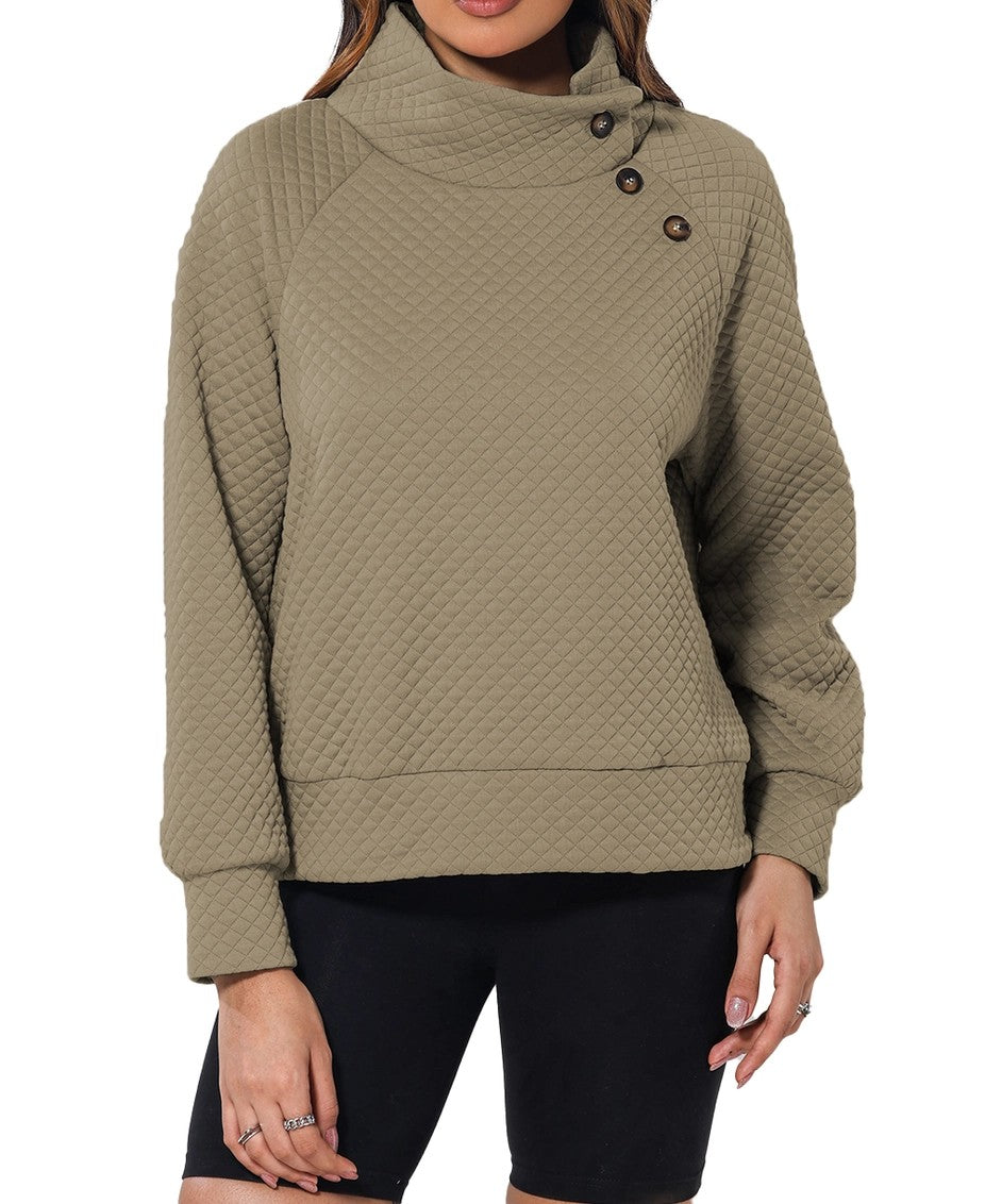 Women's Quilted Buttoned Neckline Stand Neck Pullover Sweatshirt/Top
