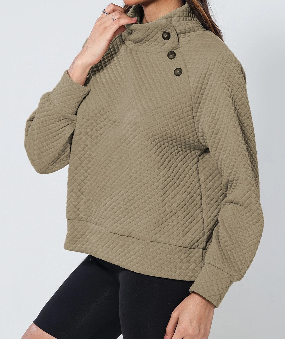 Women's Quilted Buttoned Neckline Stand Neck Pullover Sweatshirt/Top