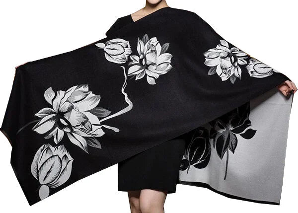 Black & White Floral Design Reversible Wrap – Artisan Shawl