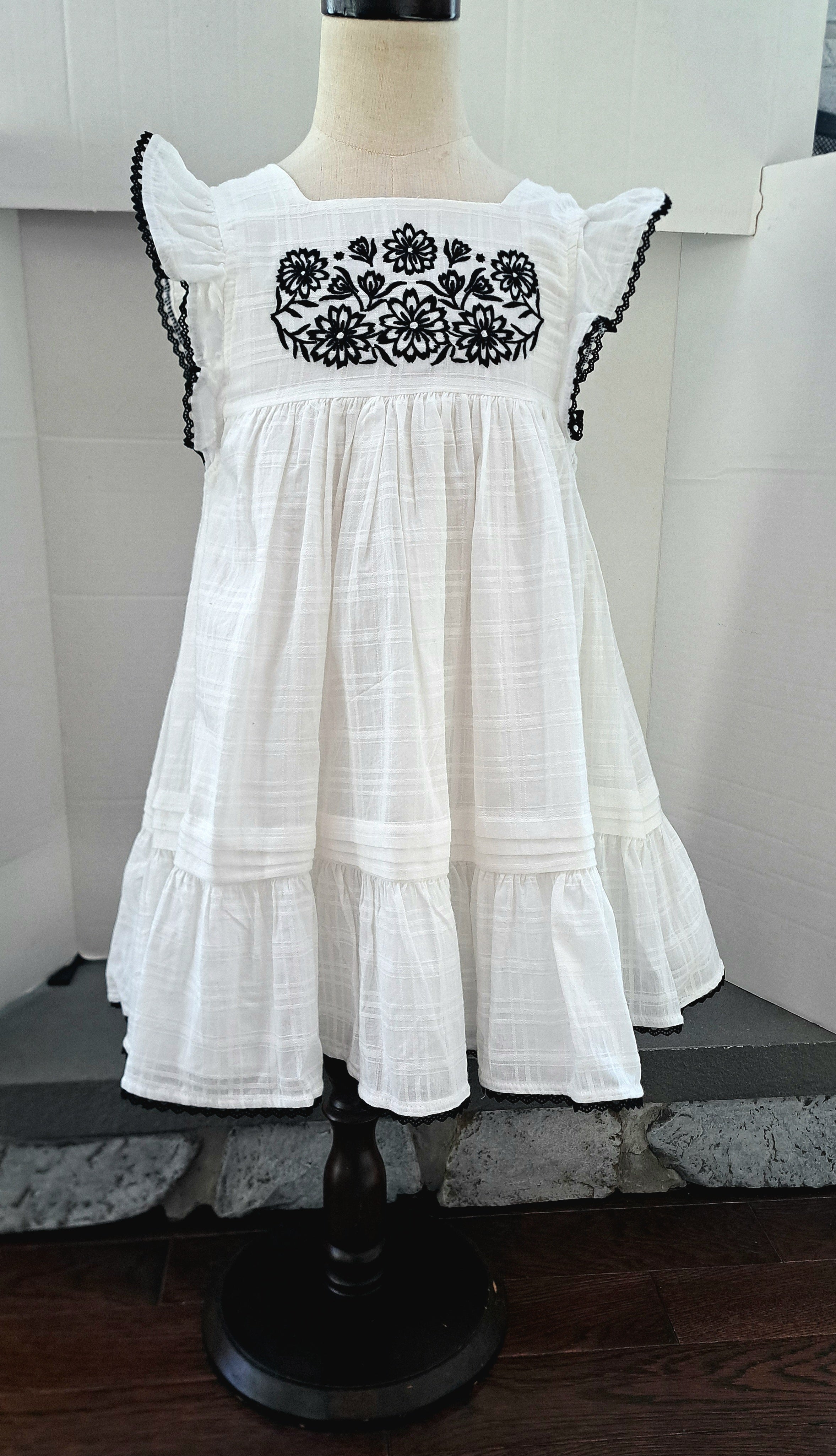 Girls Dress, White Tank Style With Contrast Embroidery Bodice