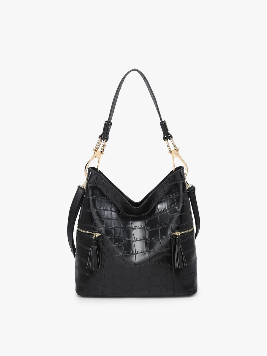 Women's Purses - Black Crocodile Print Hobo Bag, Vegan Leather
