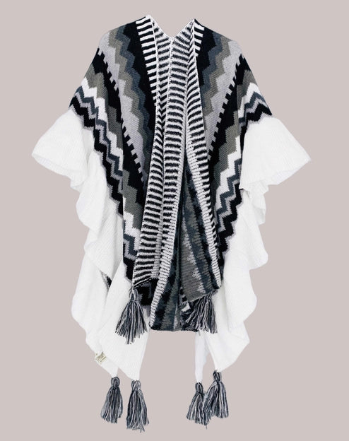 Crochet Ruffle Shawl Wrap Ruana, Black/ White & Gray Colorway