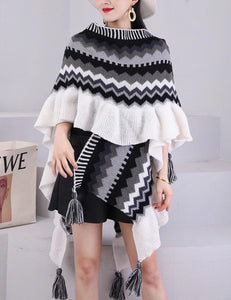 Crochet Ruffle Shawl Wrap Ruana, Black/ White & Gray Colorway