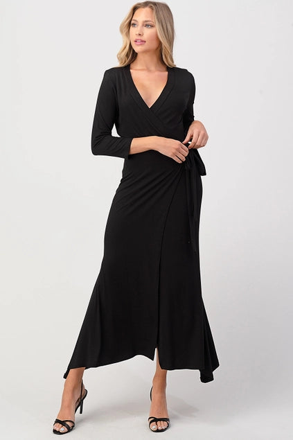 Stylish and Flattering Women's Black Mermaid Style Wrap Dress with 3/4 Sleeves