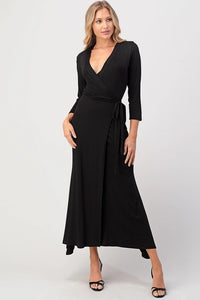 Stylish and Flattering Women's Black Mermaid Style Wrap Dress with 3/4 Sleeves