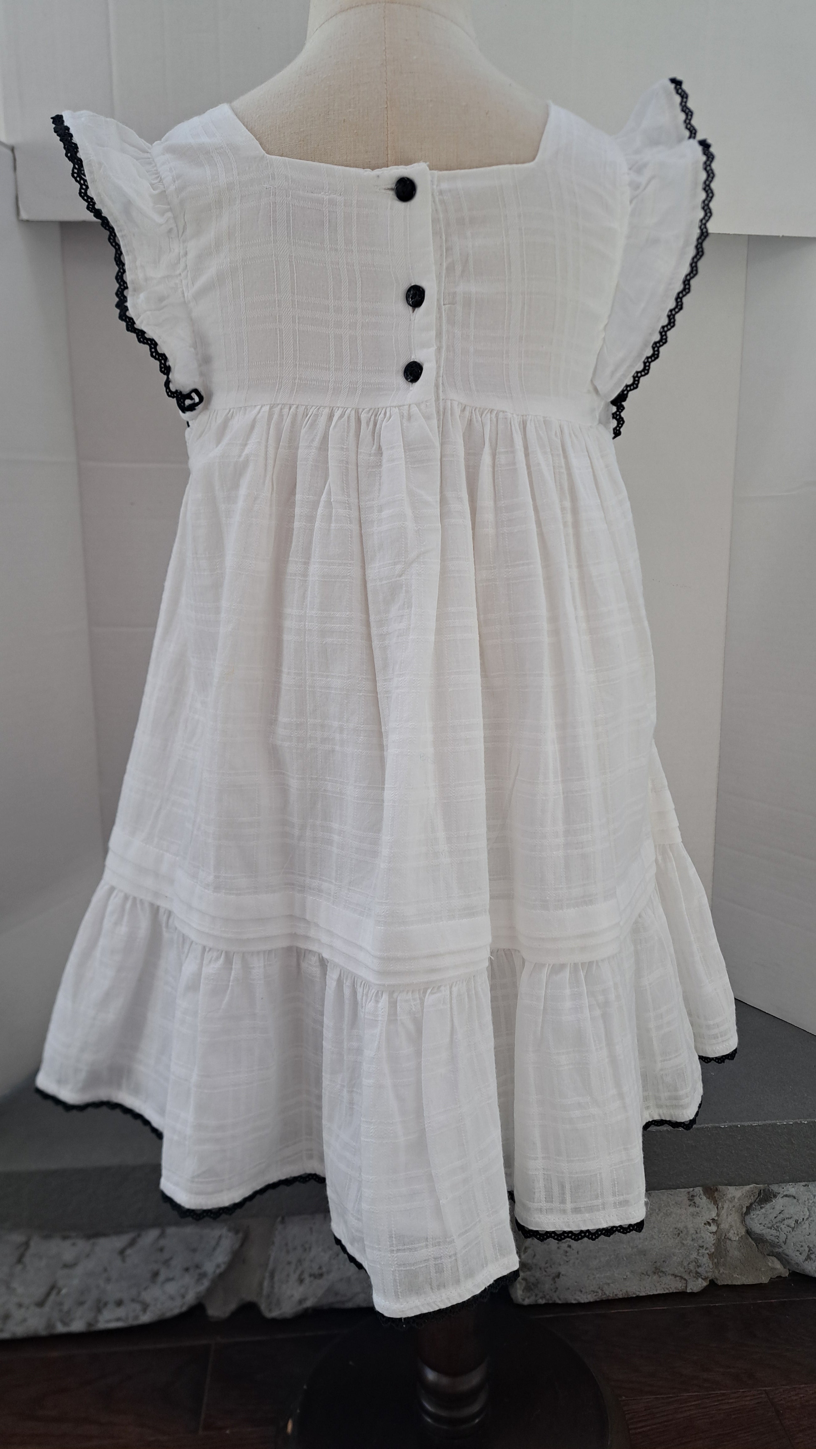 Girls Dress, White Tank Style With Contrast Embroidery Bodice