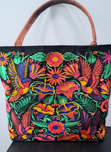 Embroidered Floral Hummingbird Large Suede Purse Tote Bag