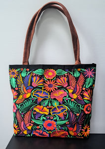 Embroidered Floral Hummingbird Large Suede Purse Tote Bag