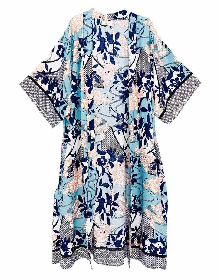Women's Long Kimono, Unisex, Teal & Pink Floral Bordered Sleeve