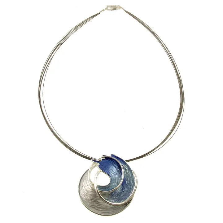 Ocean Wave Pendant, Blue/Silver Tones W/Magnetic Clasp, 18"