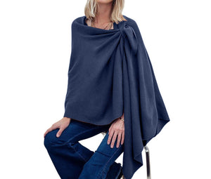 Blue Color Women's Shawl Wrap Ruana with Shoulder Strap