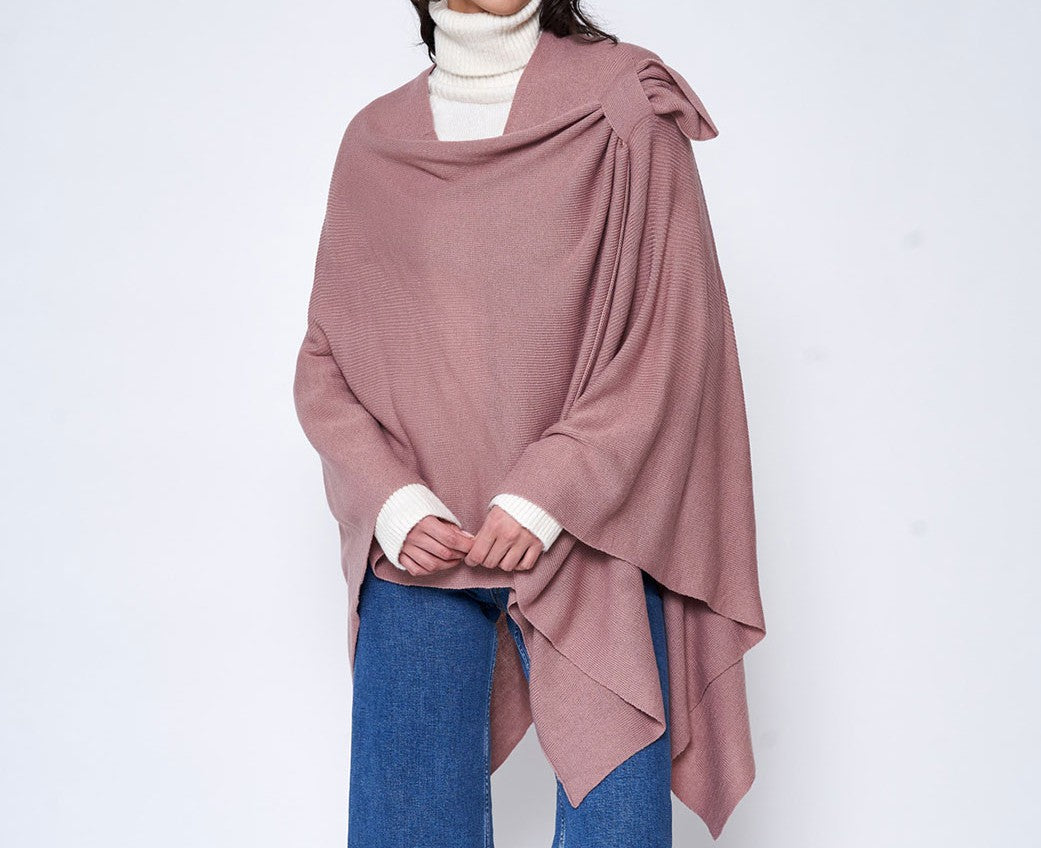 Contrast Double Striped Border with Shoulder Strap, Women's Shawl Wrap Ruana