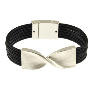 Magnetic Closure Black and Silver Bow Twist Tie Faux Leather Bracelet