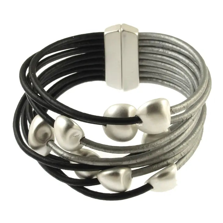 Matt Silver Floating Beads with Silver & Black Multi Strand Cord, Magnetic Closure Bracelet