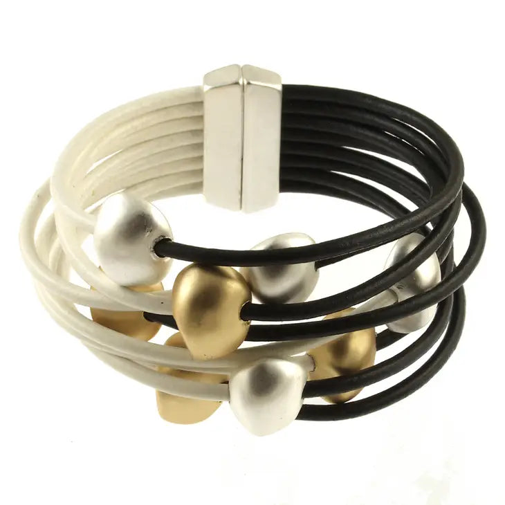 Matt Silver and Matt Gold Color Bead with Black & White Magnetic Closure Bracelet