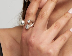 Women's Handmade Brass Ring with Sterling Silver Plating & Pewter Color Swarovski Crystals