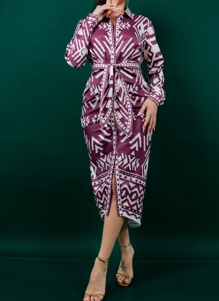 Long Sleeve Pleated Printed Tied Waist, Button Down Midi Dress