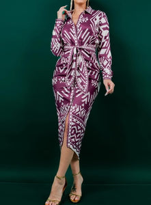 Long Sleeve Pleated Printed Tied Waist, Button Down Midi Dress