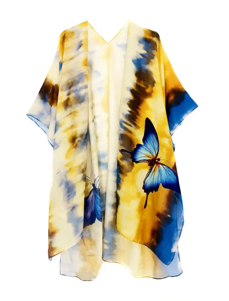 Women's Kimono, Unisex Style Yellow, Blue Tie-Dye with Butterfly