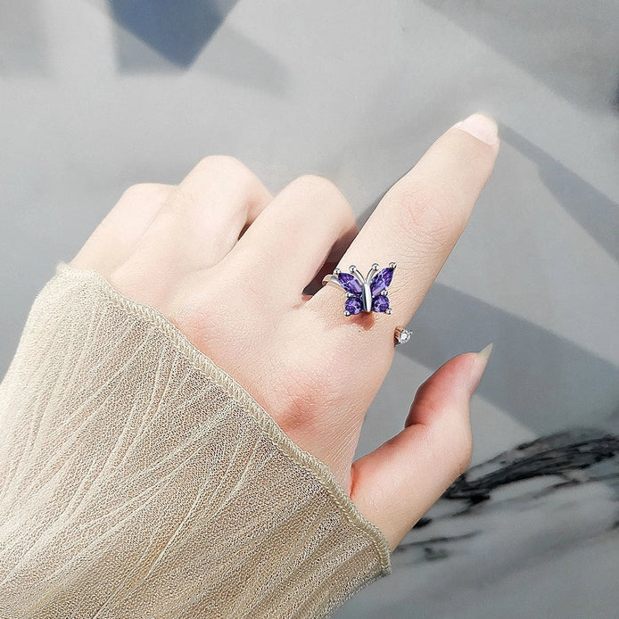 Adjustable Women's Fidget Spin Ring, Butterfly with Amethyst Stone, Sterling Silver