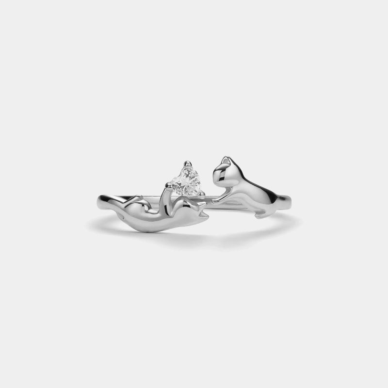 Women's Ring, Dainty Cute Double Cat Bypass Ring in 925 Sterling Silver