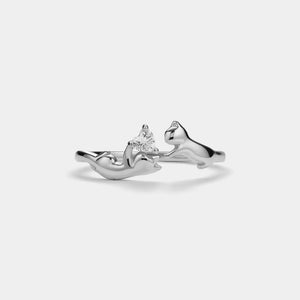 Women's Ring, Dainty Cute Double Cat Bypass Ring in 925 Sterling Silver