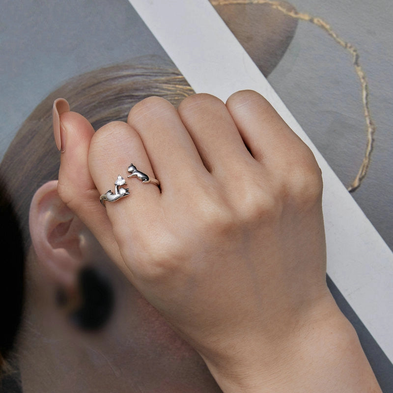 Women's Ring, Dainty Cute Double Cat Bypass Ring in 925 Sterling Silver
