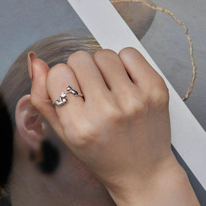 Women's Ring, Dainty Cute Double Cat Bypass Ring in 925 Sterling Silver