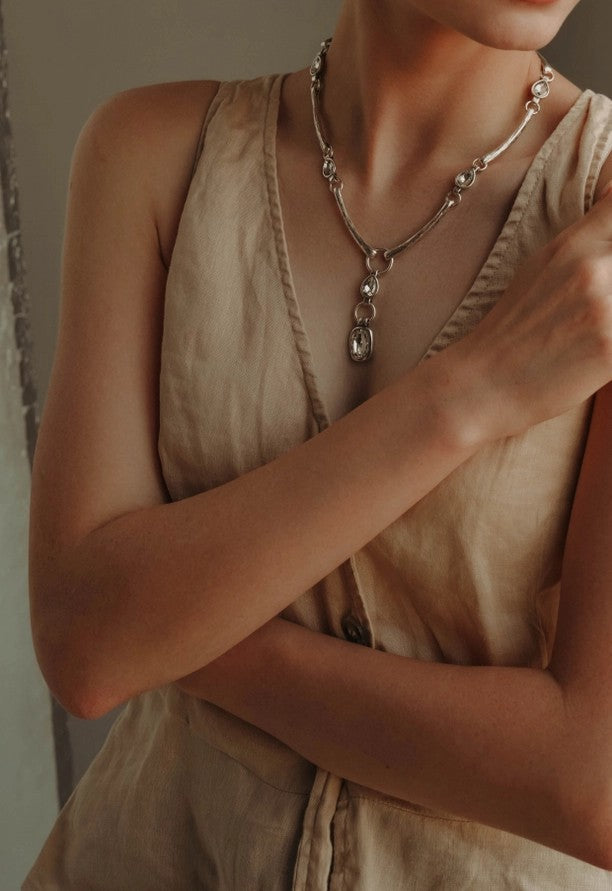 Handcrafted Pewter Necklace with Clear Swarovski Crystal Pendant